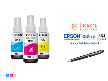 Epson 664 (CMY) 3 Renk Kartuş, Epson EcoTank L3060 Uyumlu Kalem Hediyeli Mürekkep Seti
