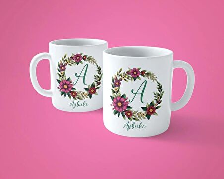 Kişiye Özel A Harfli Çiçekli Çerçeveli İsim Baskılı Kupa Bardak