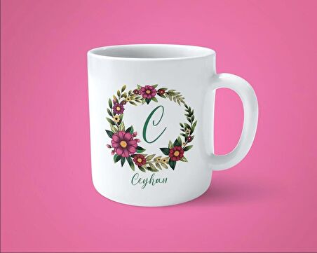 Kişiye Özel C Harfli Çiçekli Çerçeveli İsim Baskılı Kupa Bardak