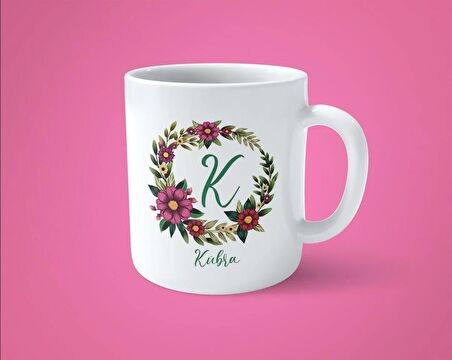 Kişiye Özel K Harfli Çiçekli Çerçeveli İsim Baskılı Kupa Bardak