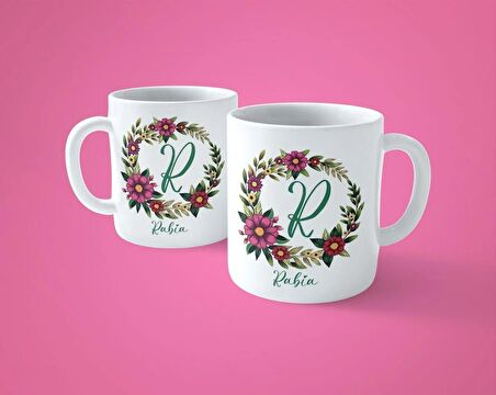 Kişiye Özel R Harfli Çiçekli Çerçeveli İsim Baskılı Kupa Bardak