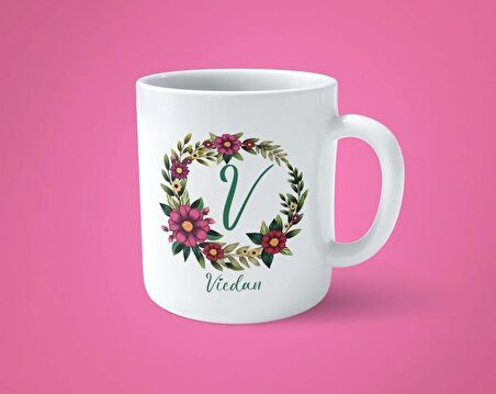 Kişiye Özel V Harfli Çiçekli Çerçeveli İsim Baskılı Kupa Bardak