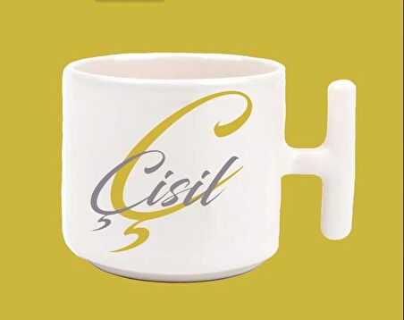 Kişiye Özel Ç harfli ve İsimli Gold Gri T Kulplu Baskılı Kupa Bardak