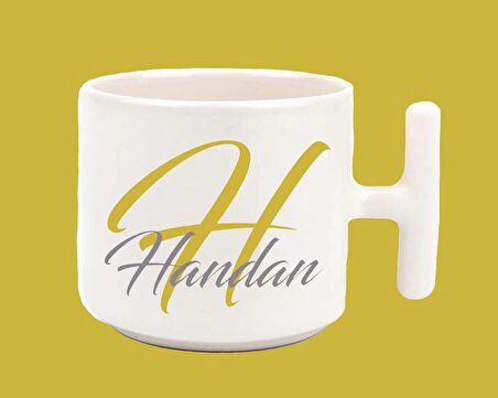 Kişiye Özel H harfli ve İsimli Gold Gri T Kulplu Baskılı Kupa Bardak