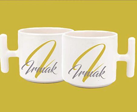 Kişiye Özel I harfli ve İsimli Gold Gri T Kulplu Baskılı Kupa Bardak