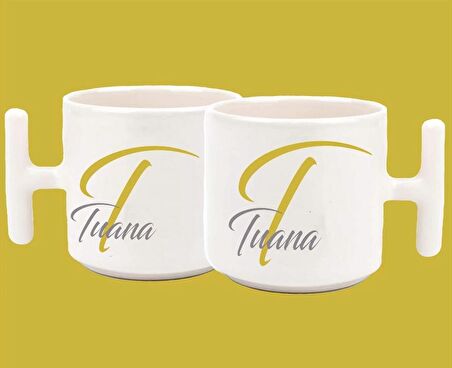Kişiye Özel T harfli ve İsimli Gold Gri T Kulplu Baskılı Kupa Bardak
