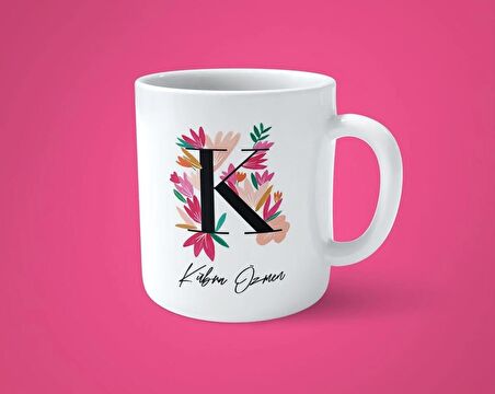 Renkli Çiçekli K harfli Kişiye Özel İsimli Baskılı Kupa Bardak