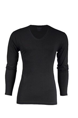 Yıldız 351 Siyah Likralı V Yaka Uzun Kollu Erkek Body T-Shirt