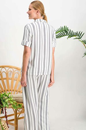 Arnetta 718 Lines Krem Düğmeli Kadın Gömlek Pijama Takımı