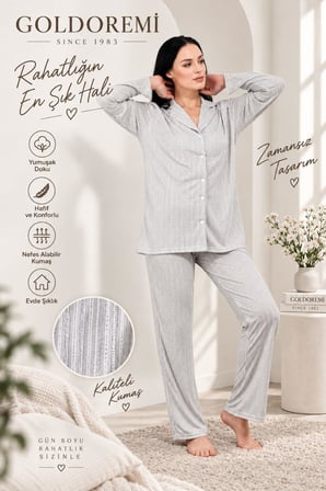 Gd Goldoremi 3111 Kadın Premium Gömlek Yaka Önden Düğmeli Uzun Kollu Pijama Takımı
