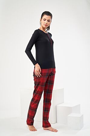 PJS 22434 Kadın Patlı Ekose Pijama Takım