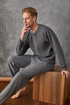 Kly 7027 Erkek Jakar Midi Yaka Pijama Takım