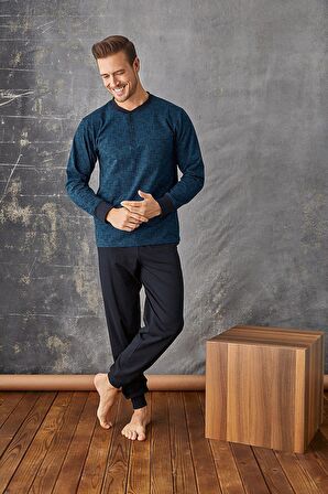 KLY 7024 Erkek Midi Yaka Kol Paça Manşetli Pijama Takım