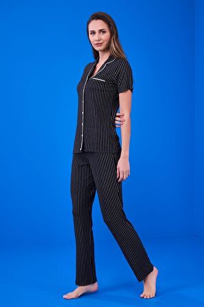 Pjs 23134 Kadın Çizgili Düğmeli Pijama Takım