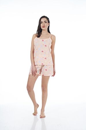 Estiva 22023 Kadın Kalp Desenli Viskon Askılı Şortlu Pijama Takımı