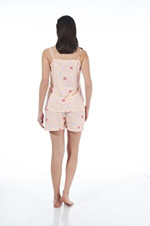Estiva 22023 Kadın Kalp Desenli Viskon Askılı Şortlu Pijama Takımı