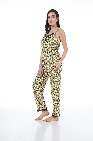 Estiva 22101 Kadın Papatya Desenli Askılı Viskon Pijama Takımı