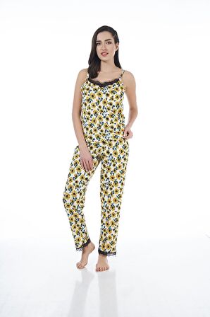 Estiva 22101 Kadın Papatya Desenli Askılı Viskon Pijama Takımı