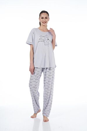 Estiva 22151 Kadın Kuğulu Viskon Kısa Kollu Büyük Beden Pijama Takımı