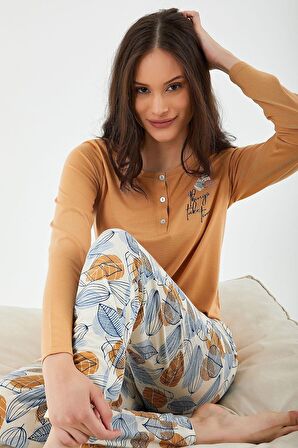 Pierre Cardin 8425 Good Things Take Time Camel Kadın Uzun Kol Pijama Takım