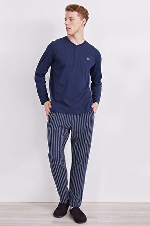 Arnetta 2314 Erkek Çizgili Lacivert Uzun Kol Pijama Takım