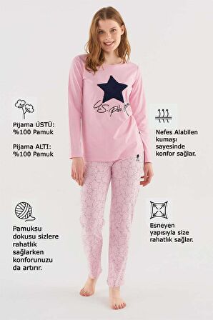 U.s Polo Assn 16835 Kadın Yuvarlak Yaka Uzun Kollu Pijama Takımı