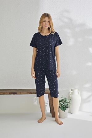 Estiva 23051 Kadın Yıldız Desenli Üstten Düğmeli Ring Viskon Pijama Takımı