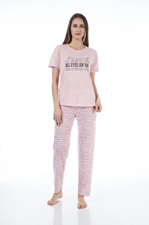 Estiva 22120 Kadın Yazı Desenli Kısa Kollu Viskon Pijama Takımı