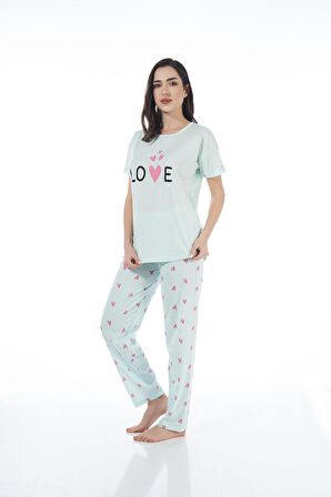 Estiva 22123 Kadın Kalp Desenli Kısa Kollu Viskon Pijama Takımı