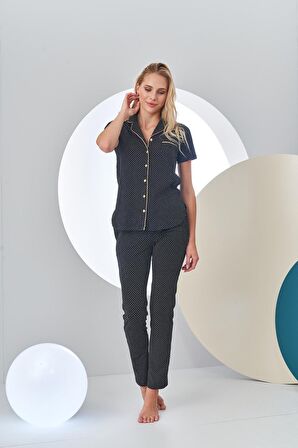 Pjs 24213 Kadın Puantiyeli Düğmeli Pijama Takım