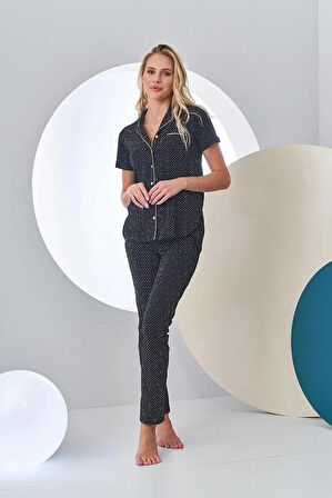 Pjs 24213 Kadın Puantiyeli Düğmeli Pijama Takım