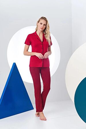 Pjs 24156 Kadın Çizgili Düğmeli Pijama Takım