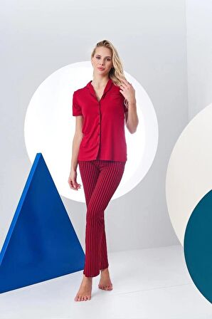 Pjs 24156 Kadın Çizgili Düğmeli Pijama Takım