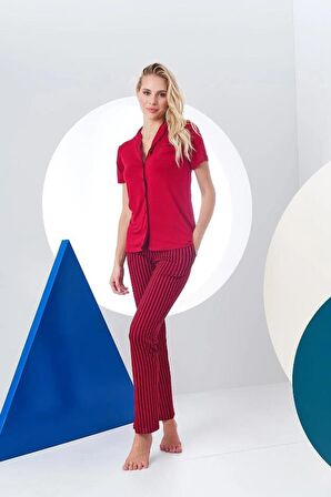 Pjs 24156 Kadın Çizgili Düğmeli Pijama Takım