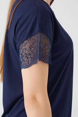 Pierre Cardin 8563 Lace Sleeve Lacivert Kadın Kısa Kol Pijama Takım