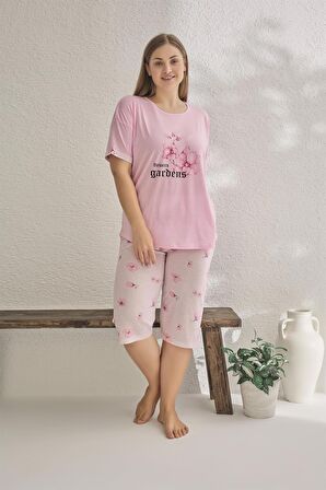 Estiva 23072 Kadın Kısa Kollu Kaprili Büyük Beden Yazlık Viskon Pijama Takımı