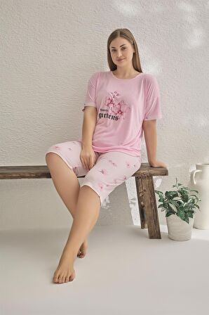 Estiva 23072 Kadın Kısa Kollu Kaprili Büyük Beden Yazlık Viskon Pijama Takımı