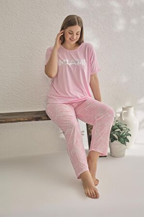 Estiva 23182 Kadın Miami Kısa Kollu Büyük Beden Yazlık Viskon Pijama Takımı