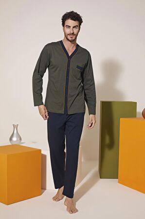 KLY 9217 Erkek V Yaka Boydan Düğmeli Pijama Takım