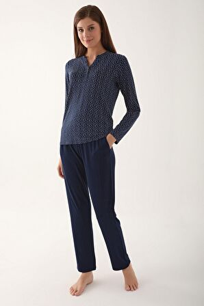 Arnetta 2659 Dotted Lacivert Kadın Uzun Kol Pijama Takım
