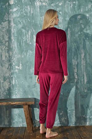 Gd Goldoremi 13112-4 Kadın Kadife Bisiklet Yaka Pijama Takımı Uzun Kollu