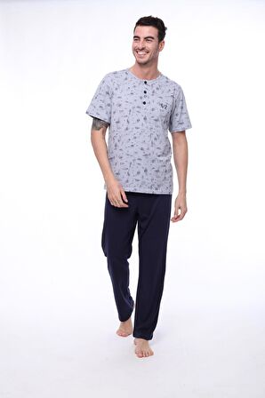 Pijadore 1402 Erkek Yuvarlak Yaka Düğmeli Kısa Kollu Pijama Takım