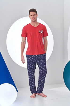 Pjs 24307 Erkek Bordo V Yaka Yelken Baskılı Kısa Kol Pijama Takımı