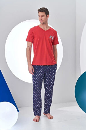 Pjs 24307 Erkek Bordo V Yaka Yelken Baskılı Kısa Kol Pijama Takımı