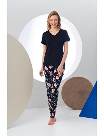 Pjs 24168 Kadın Kısa Kollu V Yaka Desenli Pijama Takım