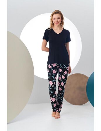 Pjs 24168 Kadın Kısa Kollu V Yaka Desenli Pijama Takım