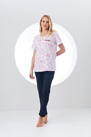PJS Kadın Desenli Önden Düğmeli Kısa Kollu Pijama Takım