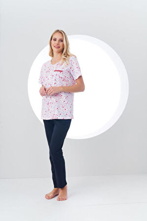PJS Kadın Desenli Önden Düğmeli Kısa Kollu Pijama Takım