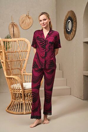 Pjs 25140 Kadın Yakalı Düğmeli Desenli Kısa Kollu Pijama Takım