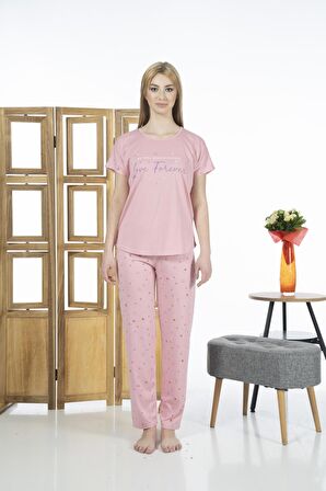 Estiva 24109 Kadın Kalp Desenli Kısa Kollu Yazlık Viskon Pijama Takımı